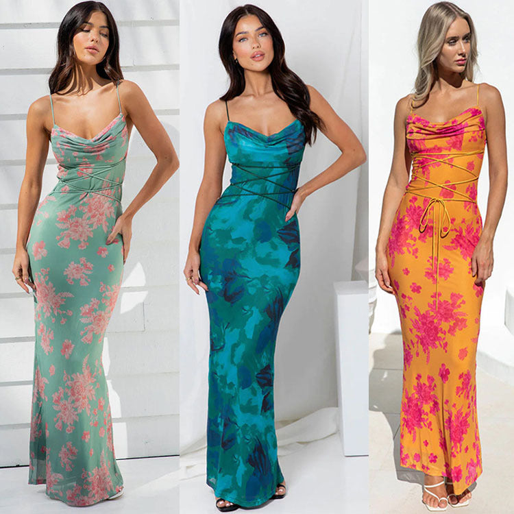 Women's Summer Sexy Backless Tie-Waist Bodycon Printed Spaghetti Strap Dress