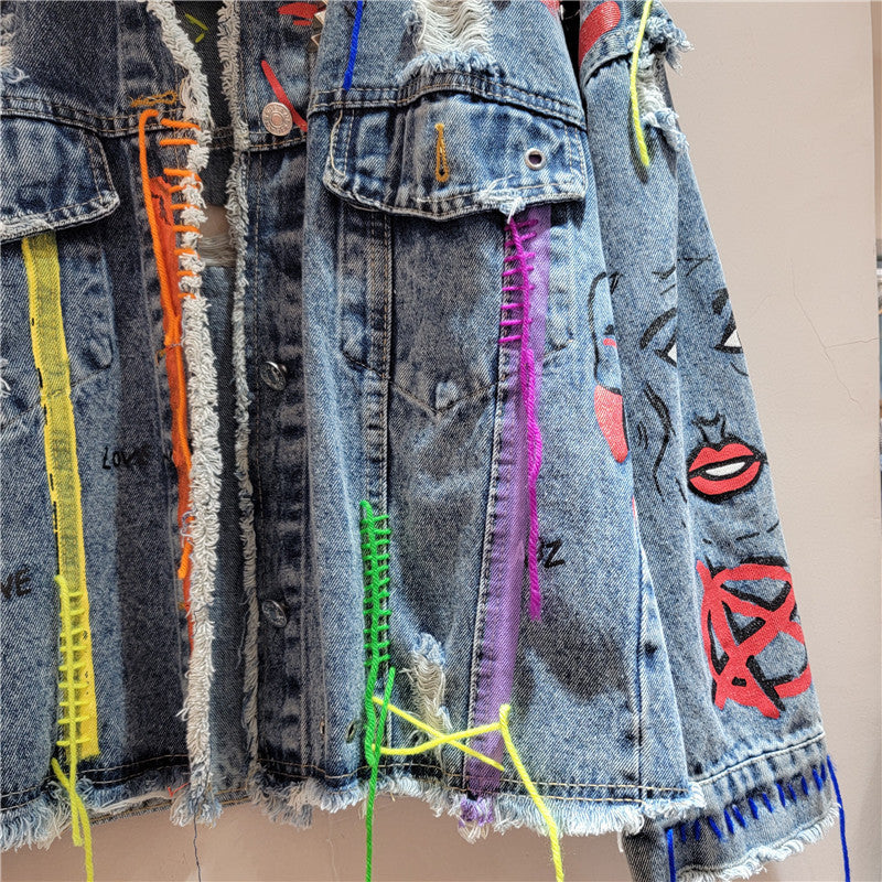 Women’s Distressed Denim Jacket – Cropped Loose-Fit Fall Coat, Printed Studded Jean Outerwear