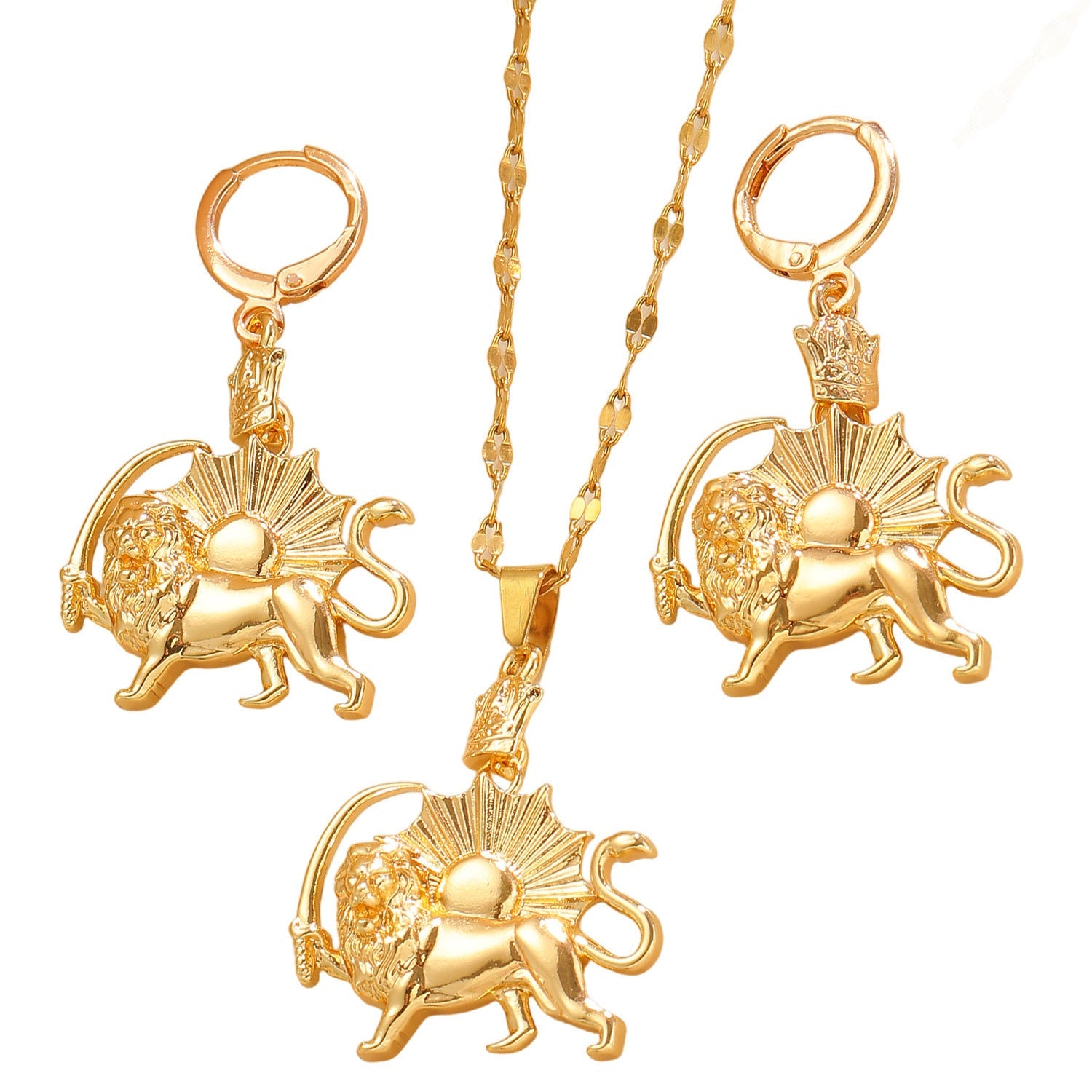 Vintage Crown Lion Sun Pattern Gold Pendant Earrings Necklace Punk Stainless Steel Set