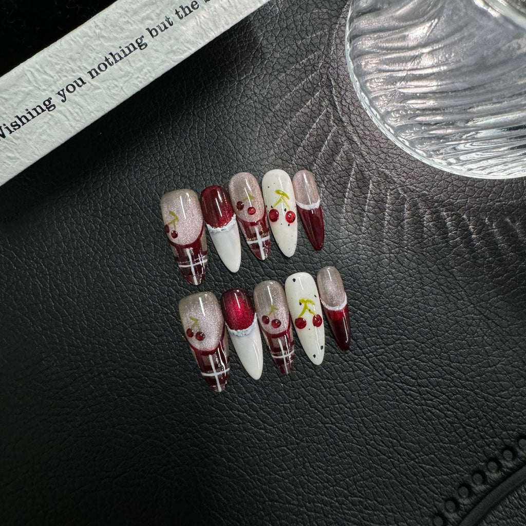 Exquisite Christmas Press on NailsHandcrafted Autumn and Winter Premium Finished Medium and Long Cute Red Beauty