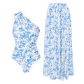 Swimsuit small fresh shoulder blue floral one-piece swimsuit suit women