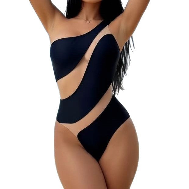 Sexy Tight Mesh Stitching Hollow Shoulder One-piece Women's Swimsuit Bikini
