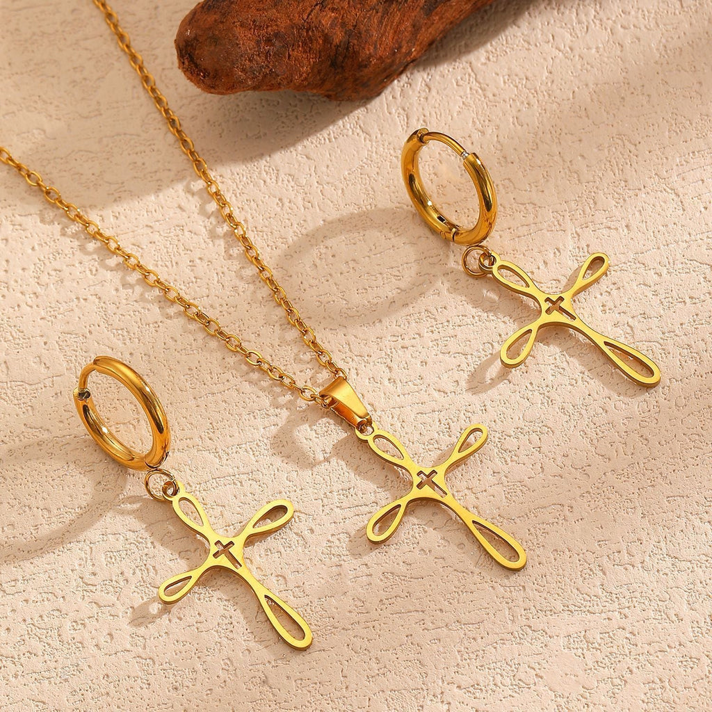 Cross Pendant Stainless Steel Clavicle Chain & Earrings Set Simple Daily Jewelry