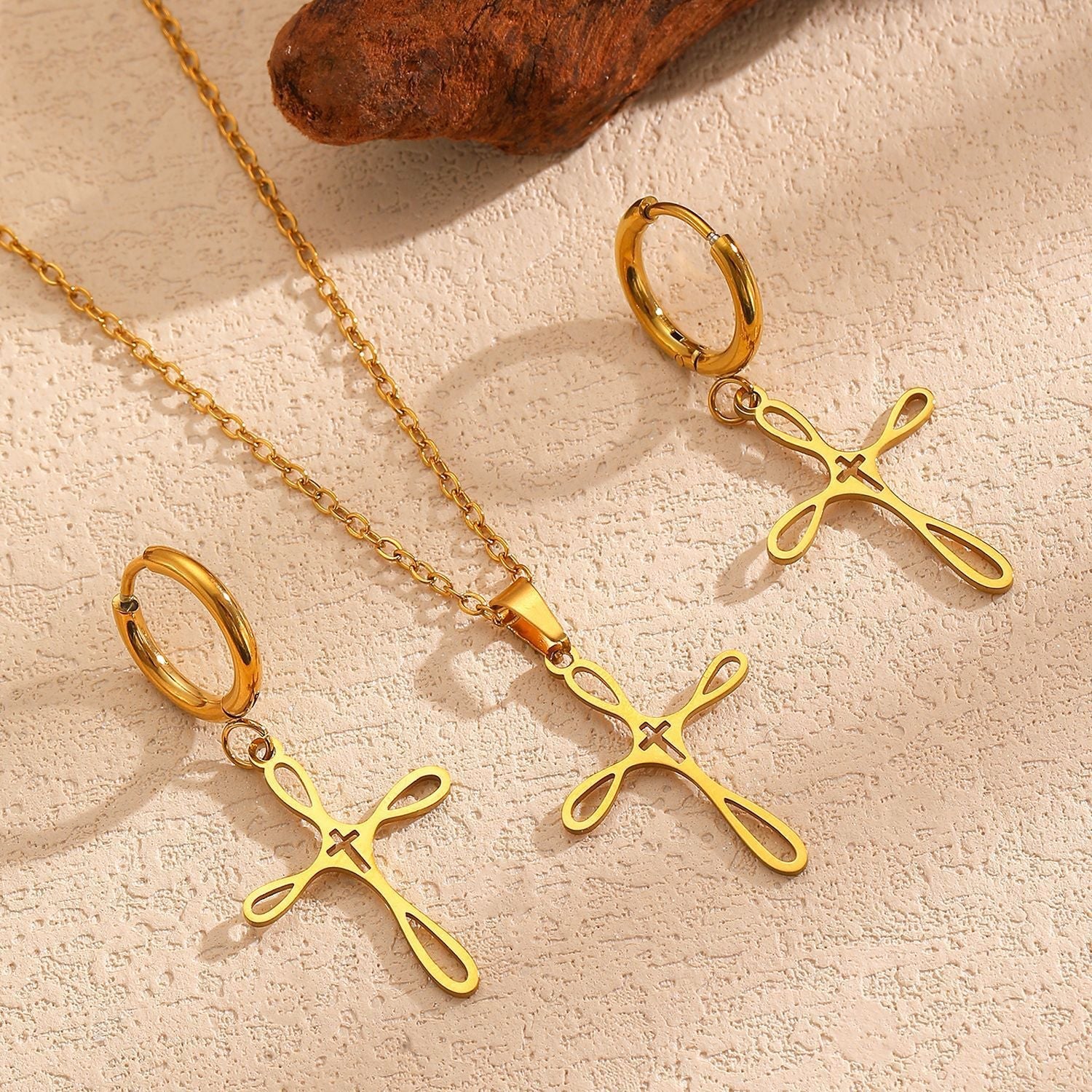 Cross Pendant Stainless Steel Clavicle Chain & Earrings Set Simple Daily Jewelry