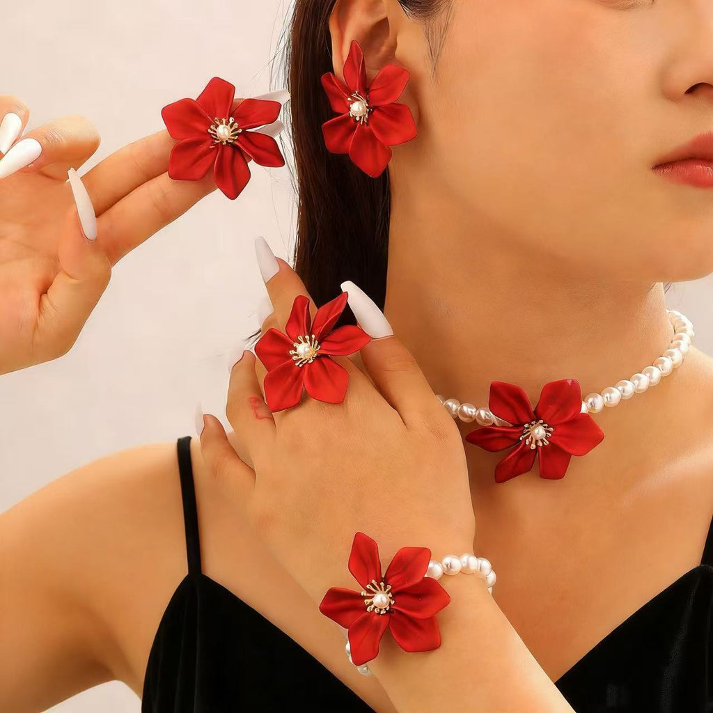 Fashion Luxury Faux Pearl Flower Jewelry Set Necklace Bracelet Ring Earrings