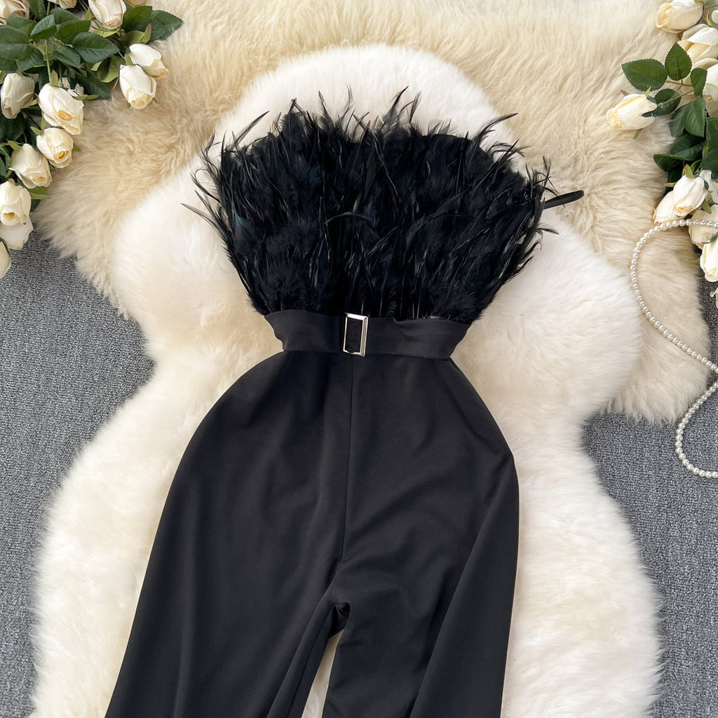 Premium Summer Gown – Socialite Style Feather Trim High-Waist Strapless Jumpsuit, Sexy Bodycon Romper