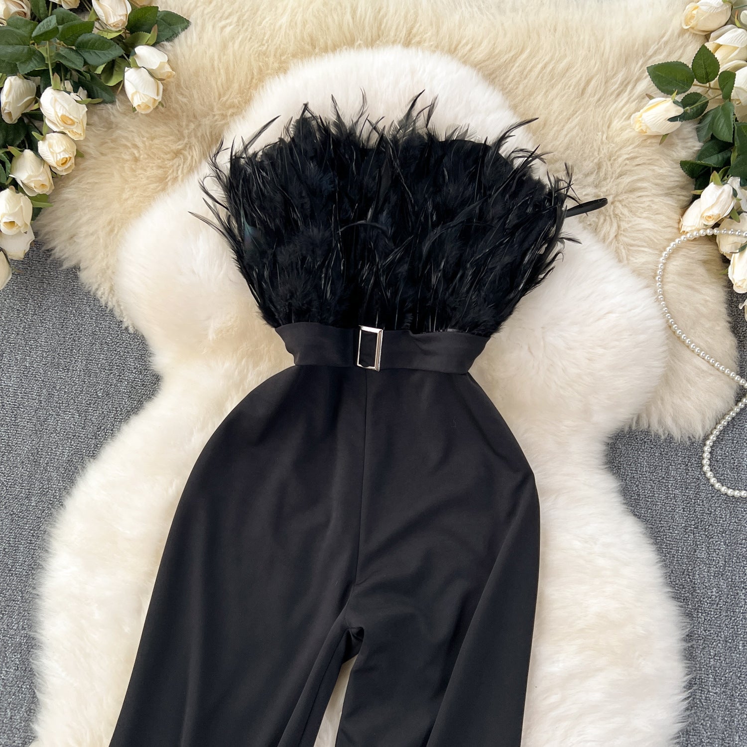 Premium Summer Gown – Socialite Style Feather Trim High-Waist Strapless Jumpsuit, Sexy Bodycon Romper