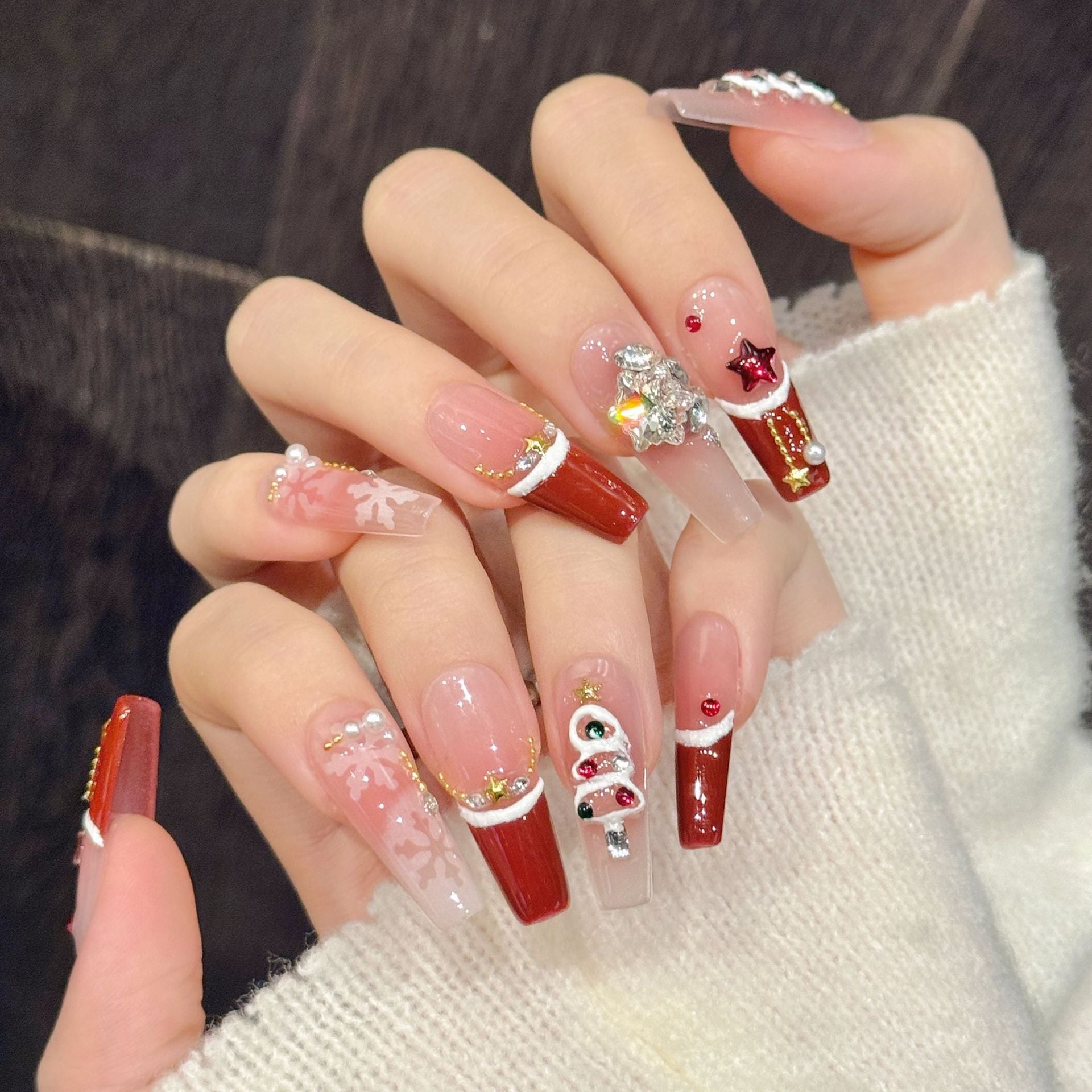 Red Velvet Snowflake Christmas Blush French Nail Art Handmade Nail Art
