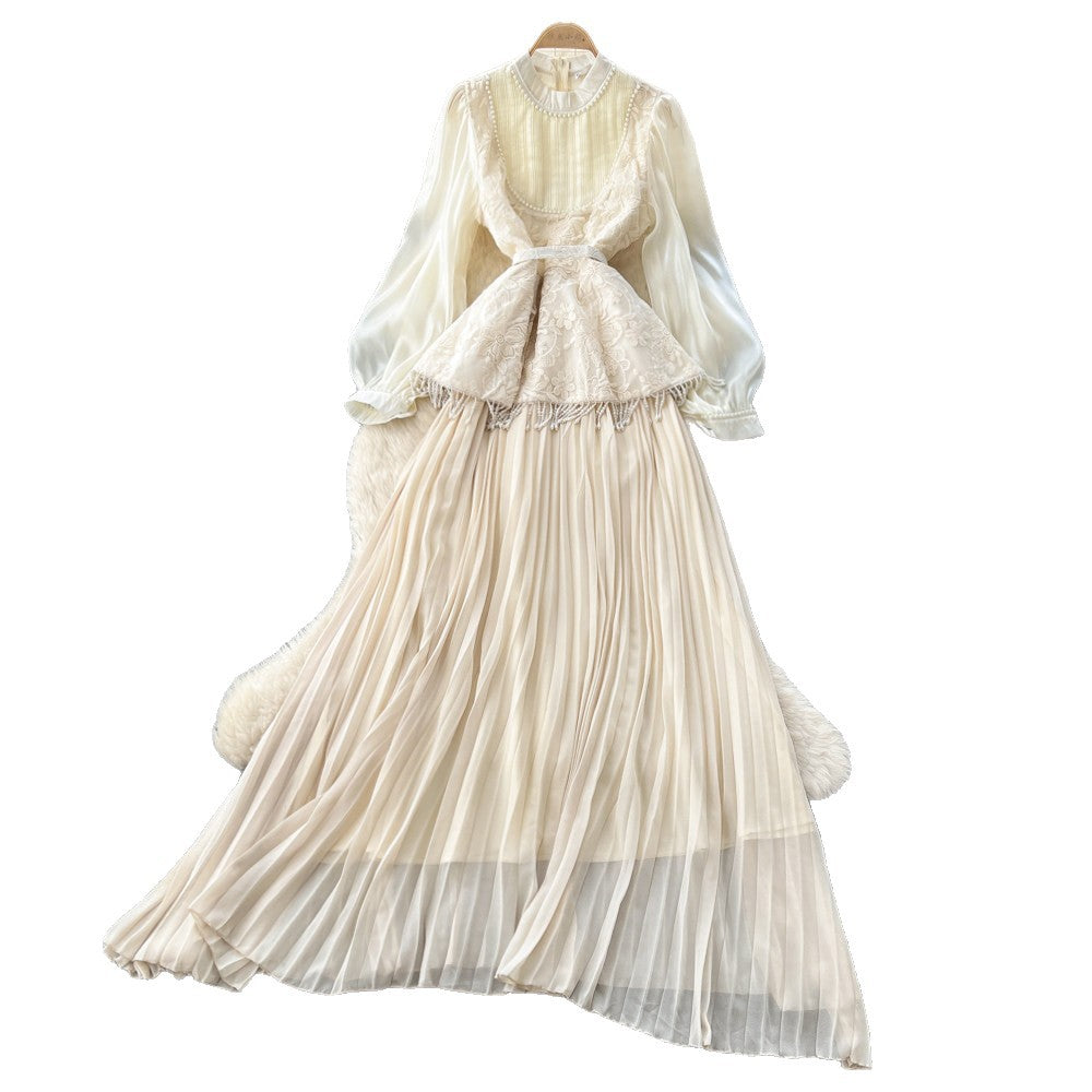 Premium Beaded Lantern Sleeve Tassel Dress –Tie-Waist A-Line Midi, Office Elegant Shift Dress