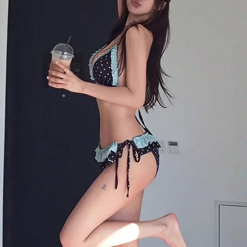 Sexy Bikini Two Piece Set Polka Dot Contrast Color Ruffled Splicing Swimsuit for Women