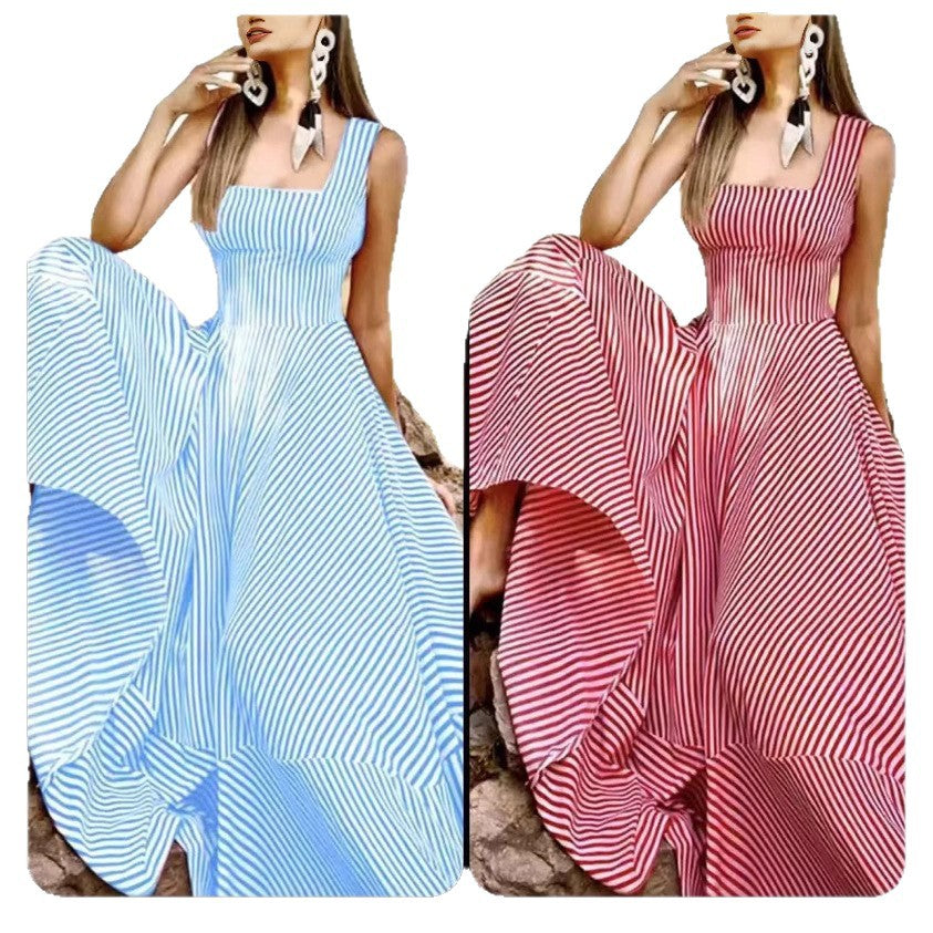 Summer Fashion Striped Tank Dress – Flared Tie-Waist Midi