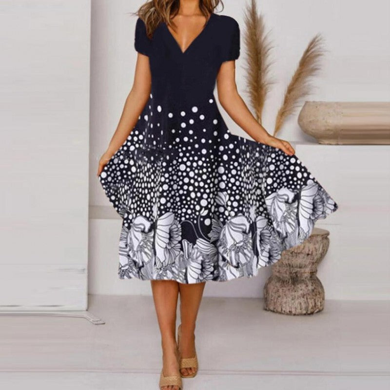 V Neck Bohemian Print Short Sleeve Dress - Flowy Casual Summer Dress with Elastic Waist
