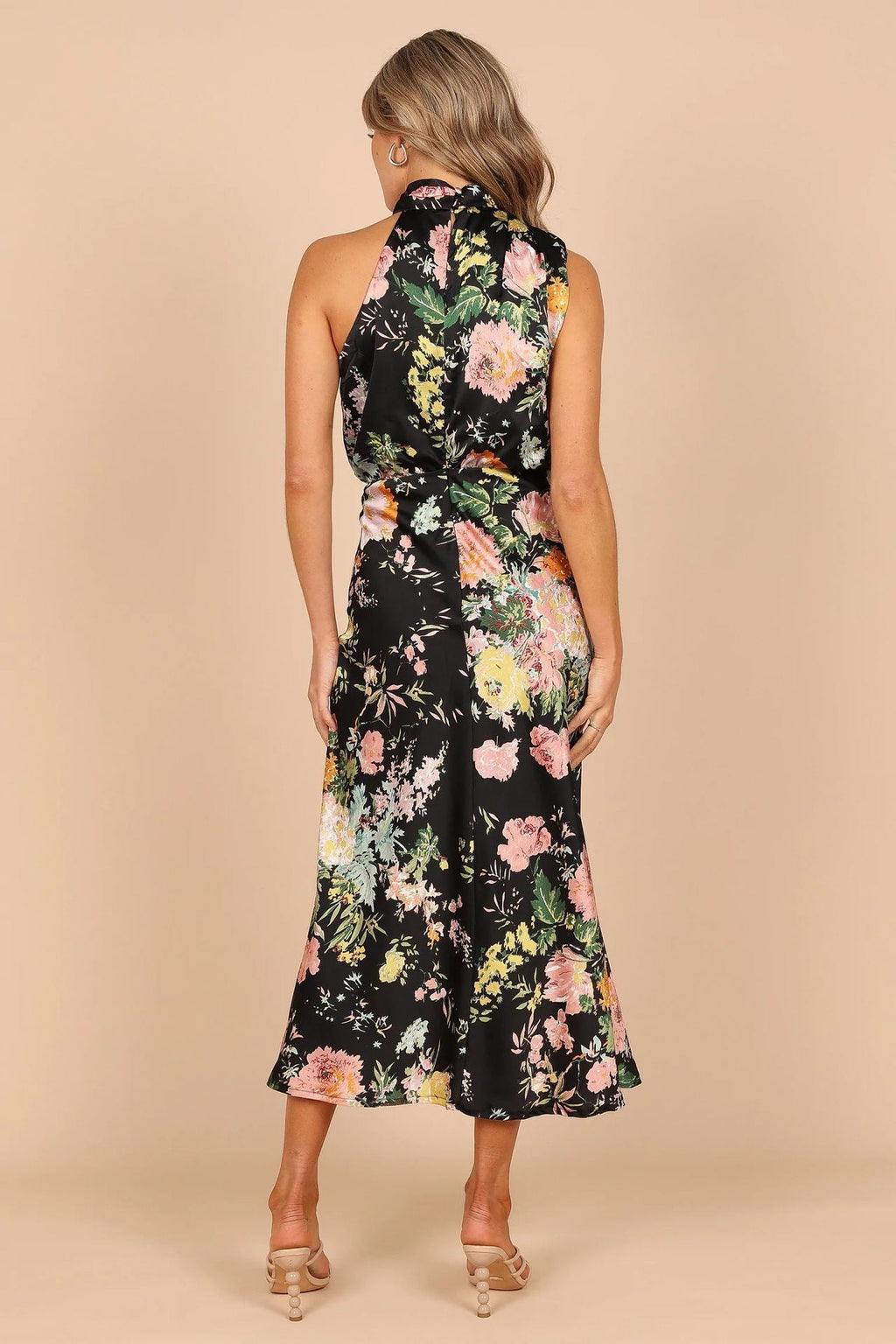 Women's Summer Sundress - Sexy Halter Sleeveless Satin Dress with Elastic Waist & Ruffle Trim
