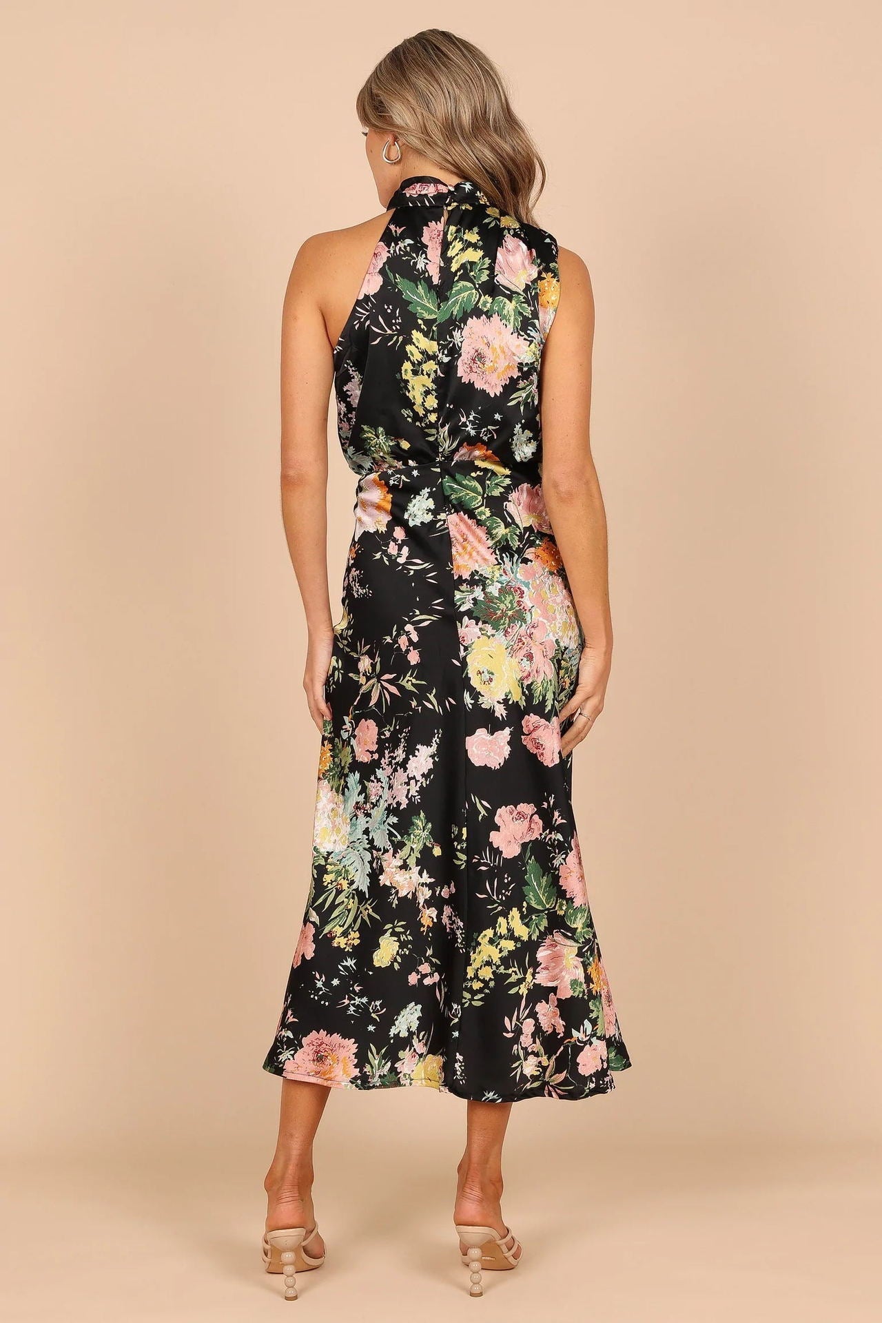 Women's Summer Sundress - Sexy Halter Sleeveless Satin Dress with Elastic Waist & Ruffle Trim