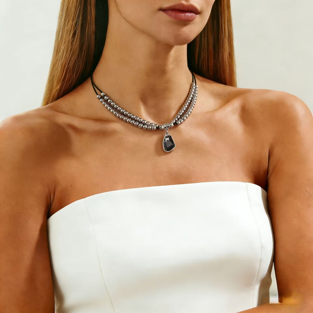 Luxury Irregular Acrylic Black Diamond Pendant Necklace & Bracelet Set Women Autumn Winter