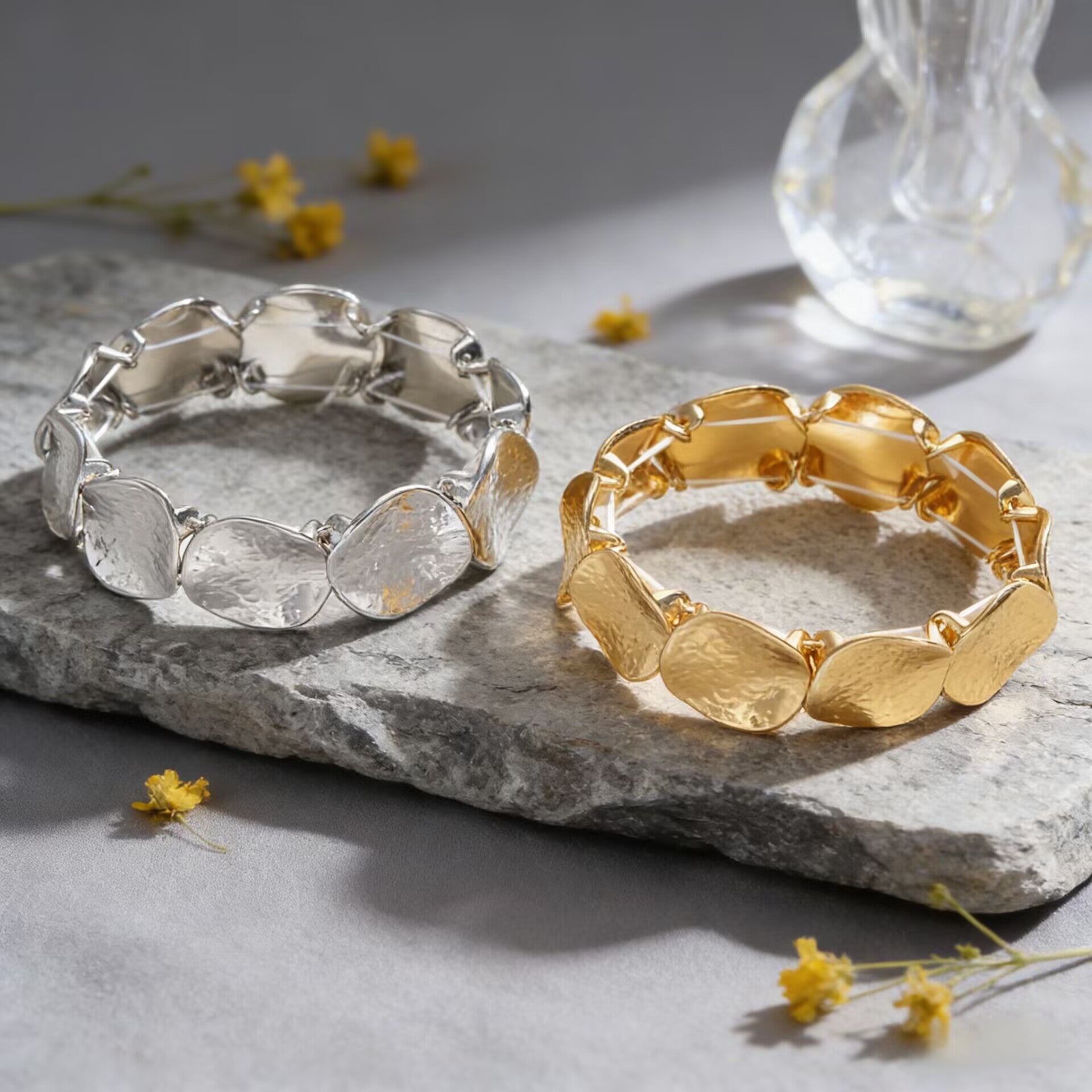 Personality Metal Pleated Geometric Disc Stretch Bracelet Heavy Duty Minimalist