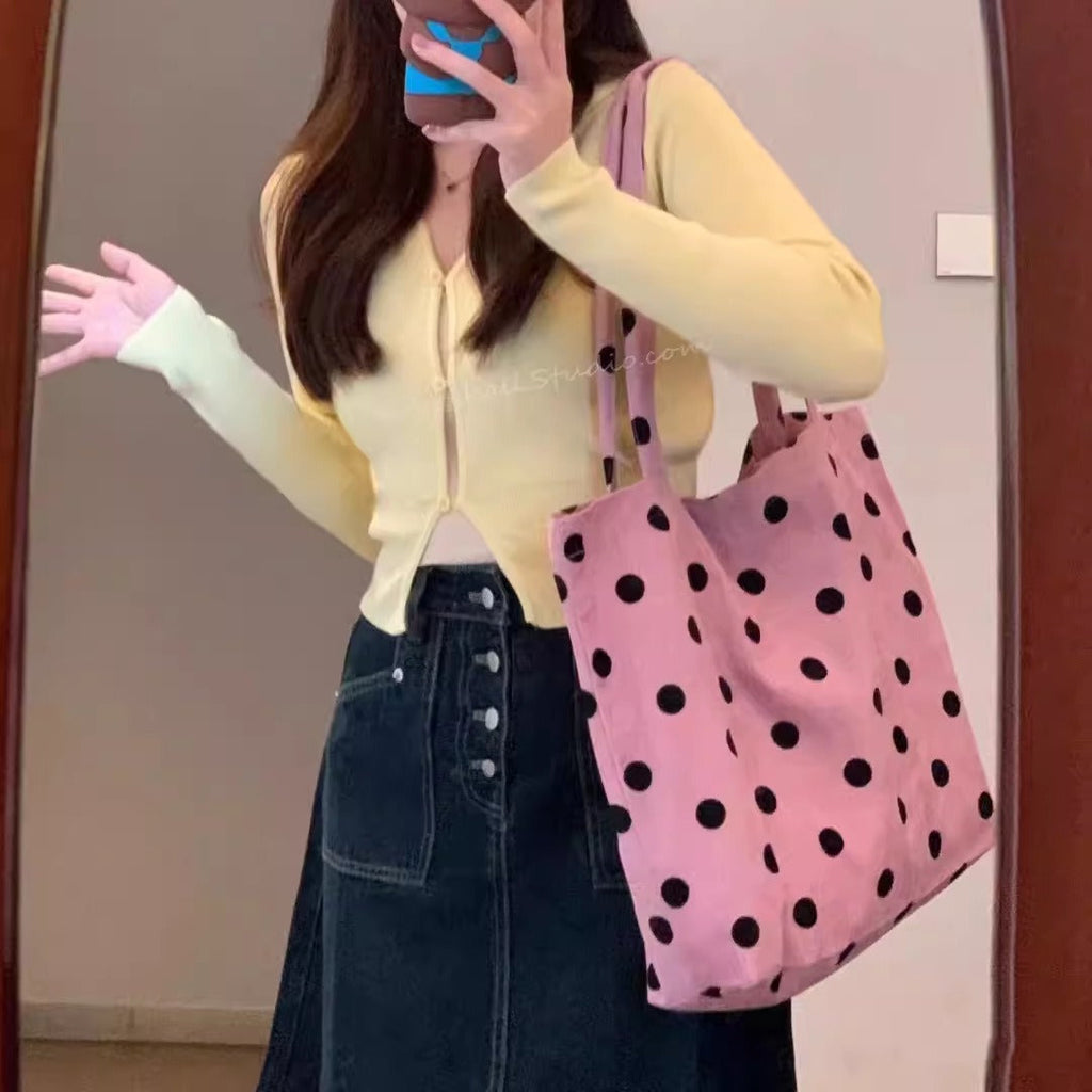 Spring cute polka dot hobo bag, versatile student large capacity shouder tote, design canvas hobo bag