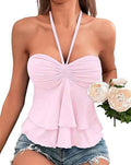 Sexy Lace Up Cross Sling Off-Shoulder Halter Pleated Ruffle Edge Solid Color Tube Top Drawstring Bust Tie Backless Halter Top