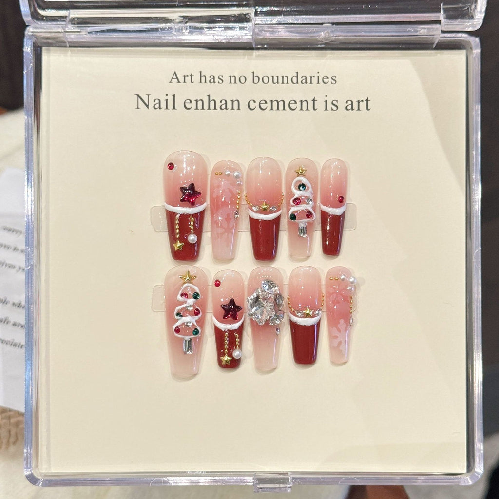 Red Velvet Snowflake Christmas Blush French Nail Art Handmade Nail Art