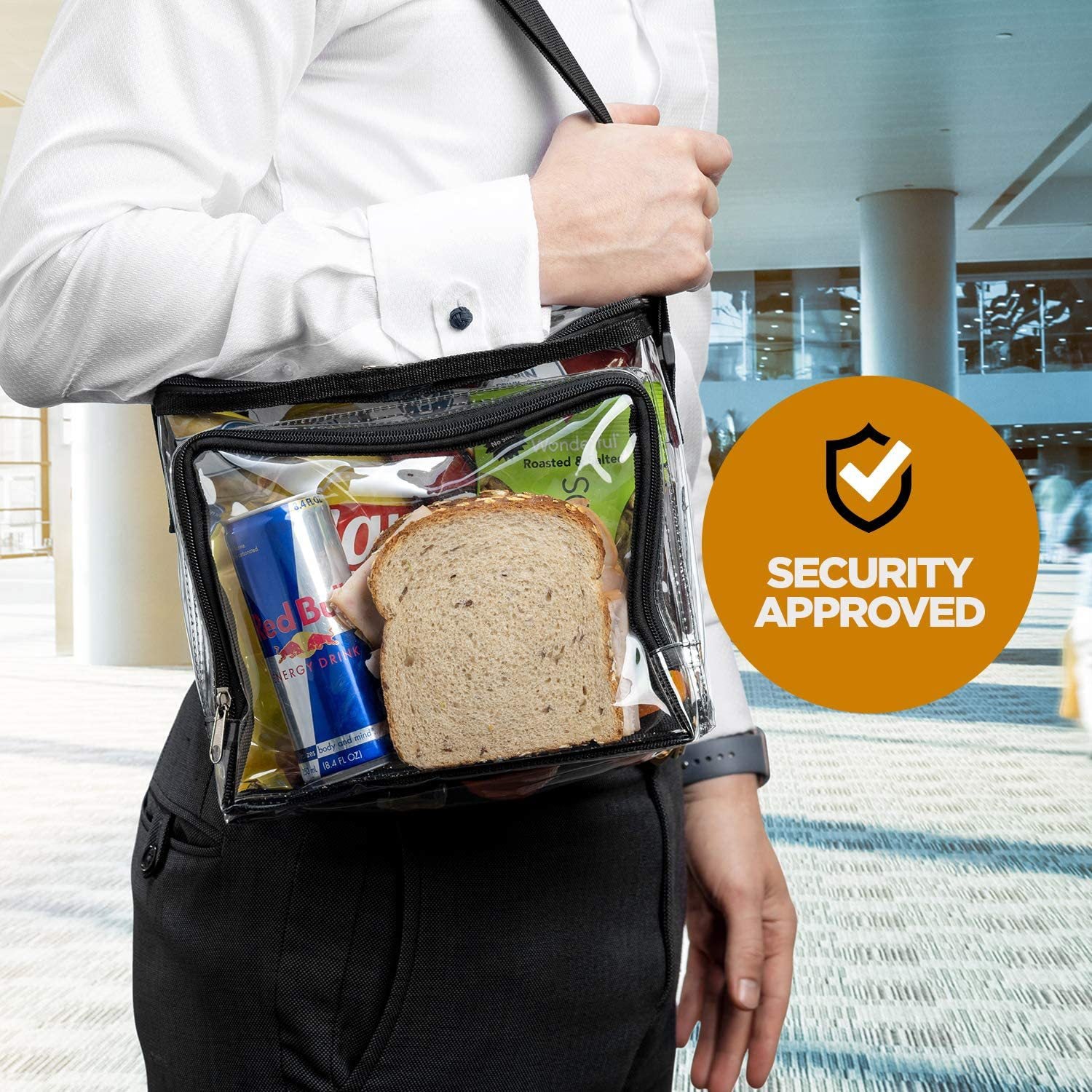 PVC clear lunch bag, adjustable strap front storage compartment mesh pocket, outdoor lunch bag with compartments