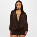 Fashion sexy deep V long sleeve solid color waist and hip wrap dress