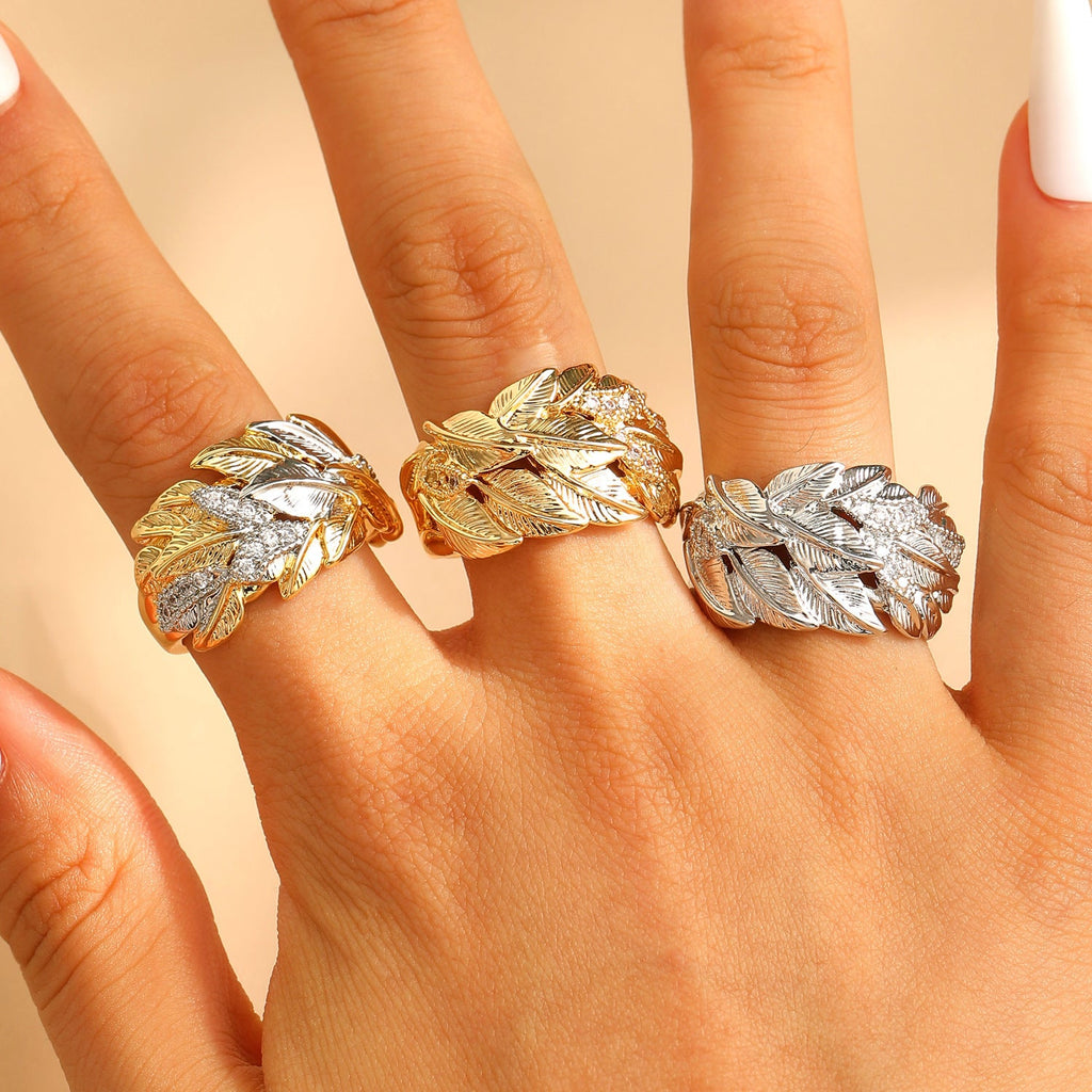 Luxury Leaf Texture Copper Inlaid Zircon Ring Gold Two-Tone Open Ring