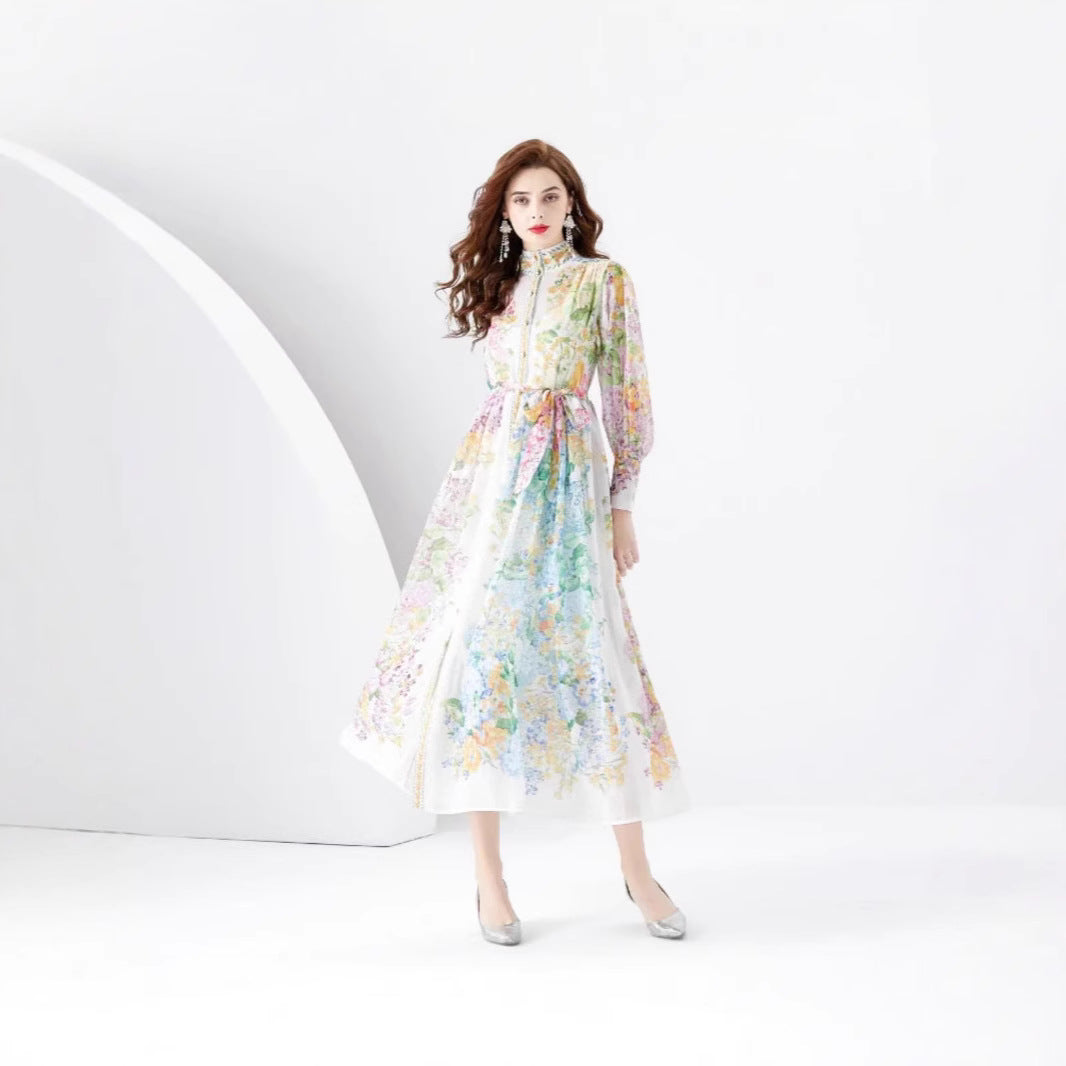Early Spring Fashion Court Style Dress - Vintage Print Mandarin Collar Long Sleeve Flared Maxi Gown