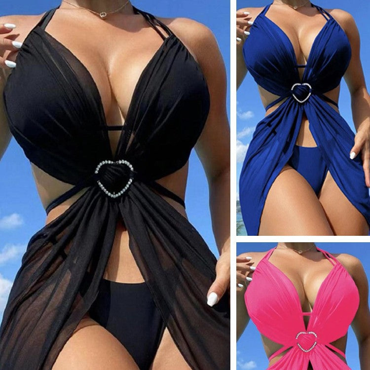 Solid Color Hollow Out Halter Bikini Three Pieces Swimsuit Women's Bikini Swimwear