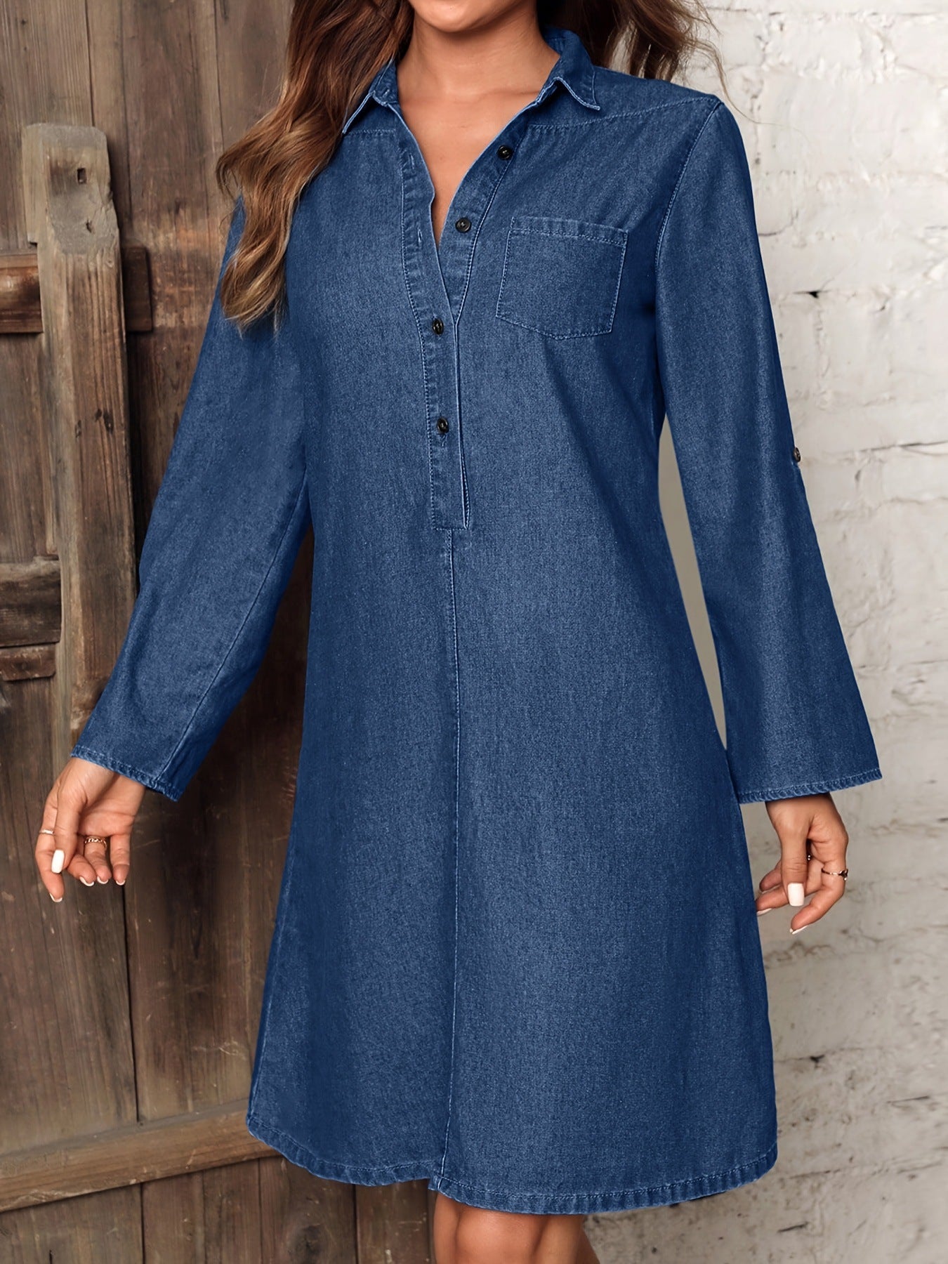 Women's temperament elegant fashion casual solid color front buckle crimped sleeve lapel solid color long tencel cotton