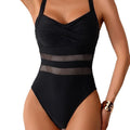 Solid Color One Piece Swimsuit Mesh Paneled Waist Cinching Slimming Tight Bikini