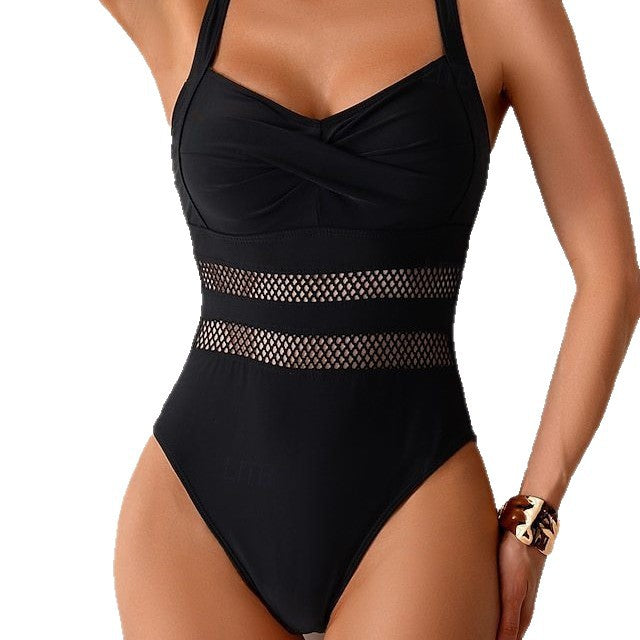 Solid Color One Piece Swimsuit Mesh Paneled Waist Cinching Slimming Tight Bikini