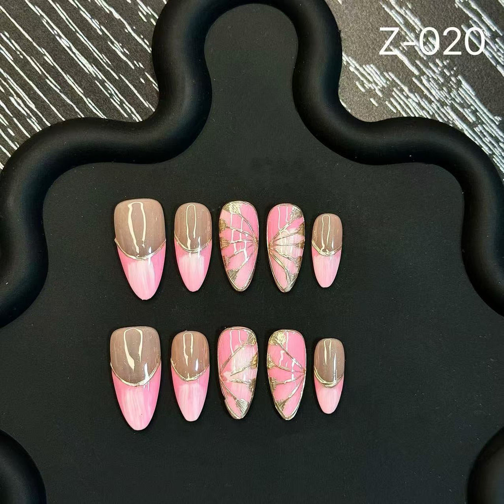 Handmade Press on Nails Almond Nail French Phnom Penh Butterfly Wings Whitening Gentle Finished Removable