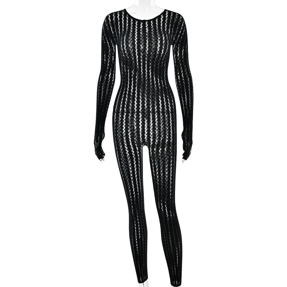 Sexy perspective summer perspective onesie fashion seamless striped jacquard one-piece long-sleeved one-piece trousers