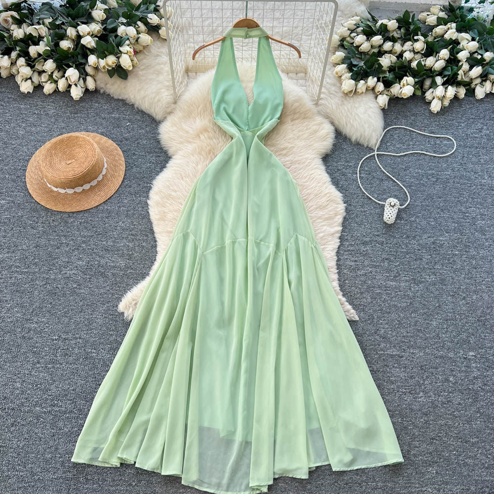 Halter Sleeveless Sexy Open-Back Dress – Summer Green High-Waist Slim-Fit Maxi, Bodycon Gown