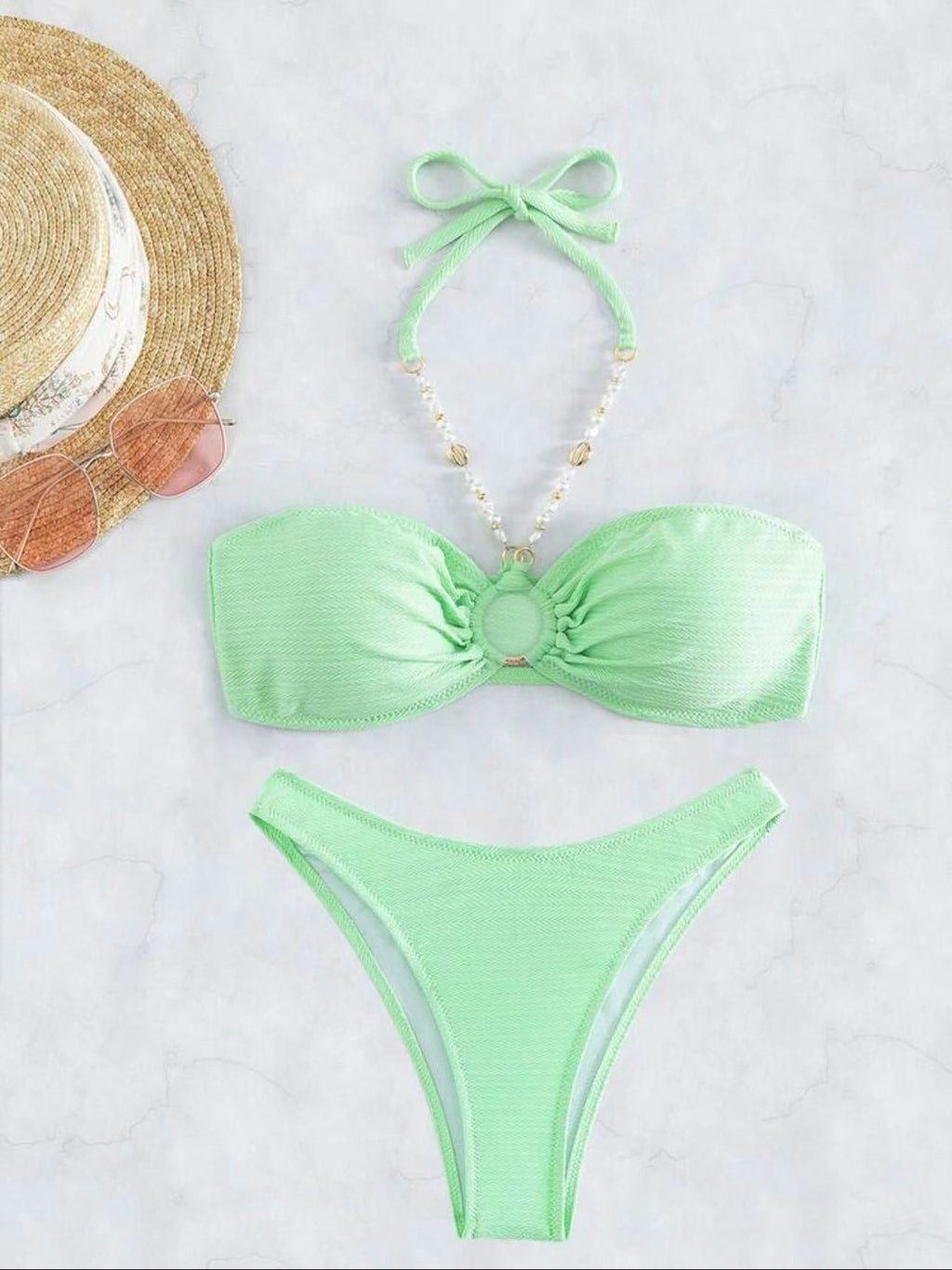 Sexy Solid Neck Ladies Beach bikini Ruched Bust Halter Bikini Swimsuit