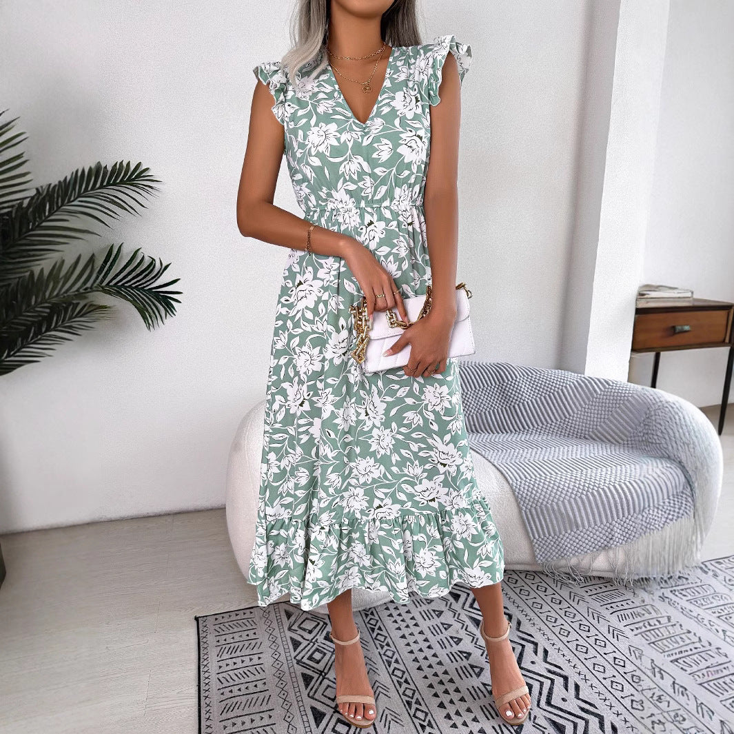 Spring and summer casual fungus edge flower waist long dress vacation dress for woman