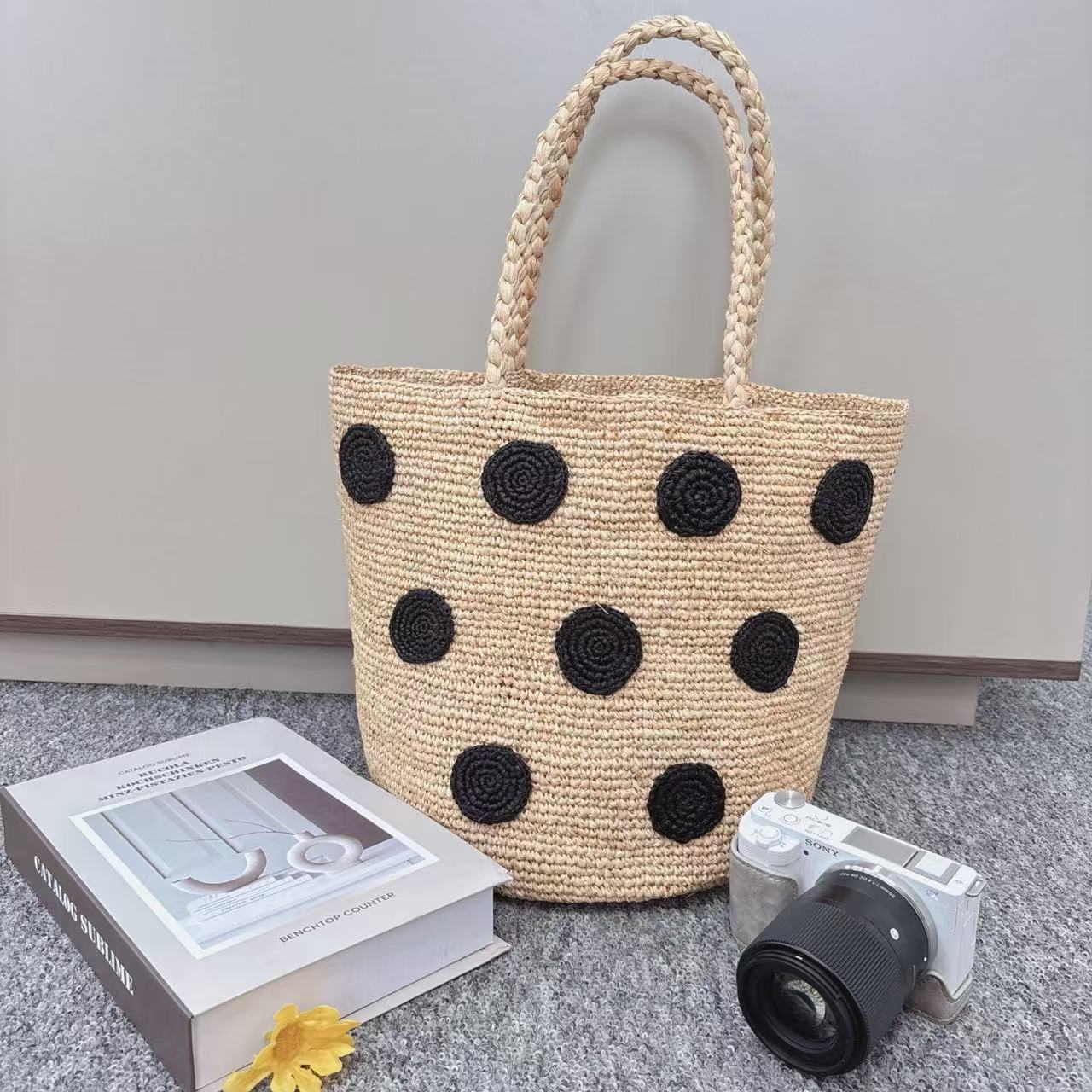 Raffia Black Polka Dot Embroidered Bag – Woven Shoulder Strap Large Summer Bucket Purse