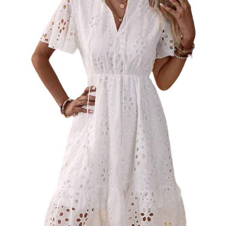 White Embroidered Lace V-Neck Dress with Bubble Sleeves