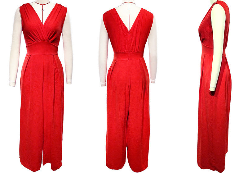 Sleeveless Jumpsuit High Waist Slim Straight Leg Wide