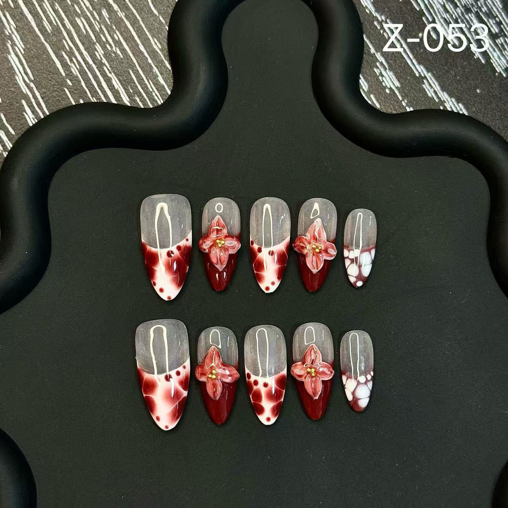 Tropical Flower Smudge Hand Painted Three-dimensional Carving French Advanced White Press on Nails Beauty