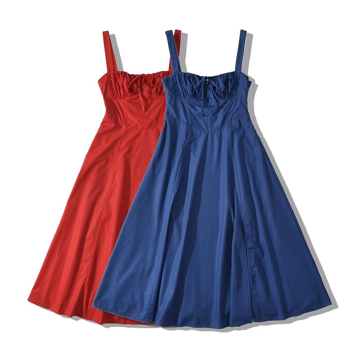 Square Neck Bustier Midi Dress - Low Cut Sleeveless Swing Sundress with Lace Trim & Spaghetti Straps