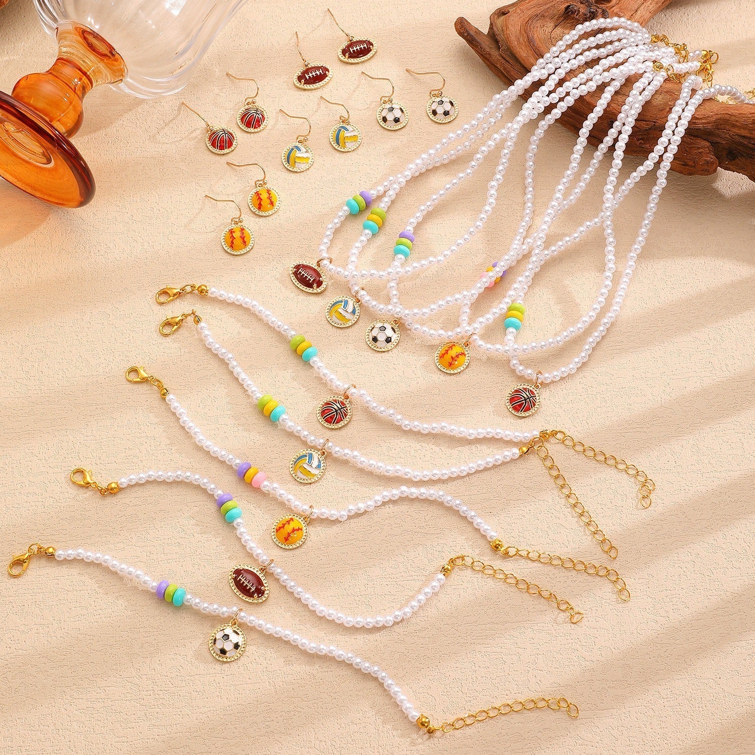 Sporty Soccer Football Rugby Pendant Pearl Beaded Necklace Bracelet Earrings Set