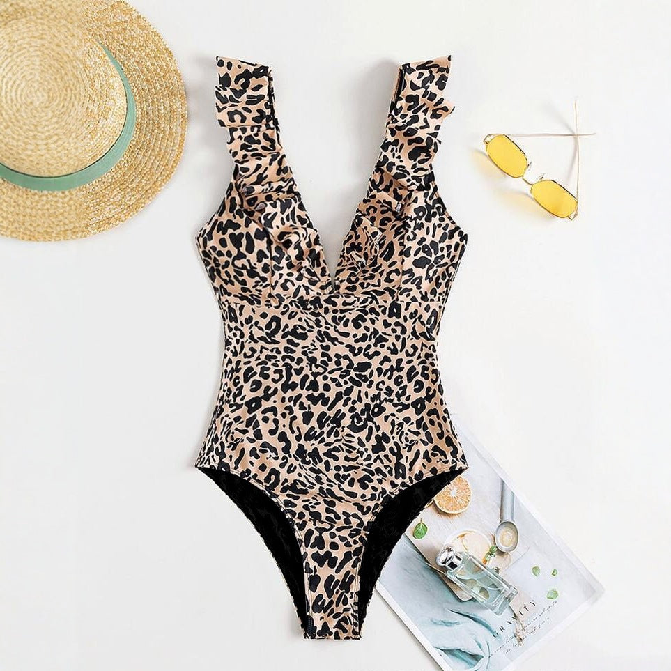 Leopard Print Tummy Control Slimming One Piece Swimsuit for Women with Ruffled Trim Beach