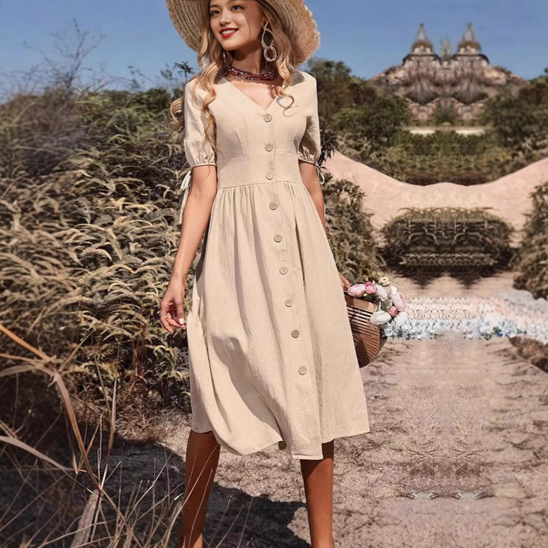 Women's Summer Short Sleeve Solid V-Neck A-Line Dress – Commuter Office Midi