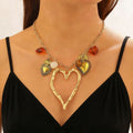 Vintage Zinc Alloy Necklace, Exaggerated Hollow Heart Resin Pendant, Retro Clavicle Chain