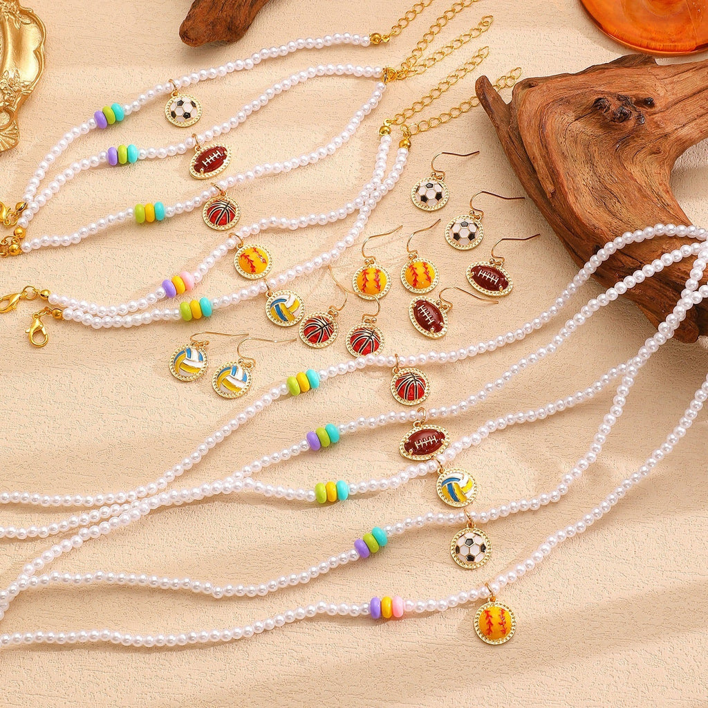 Sporty Soccer Football Rugby Pendant Pearl Beaded Necklace Bracelet Earrings Set