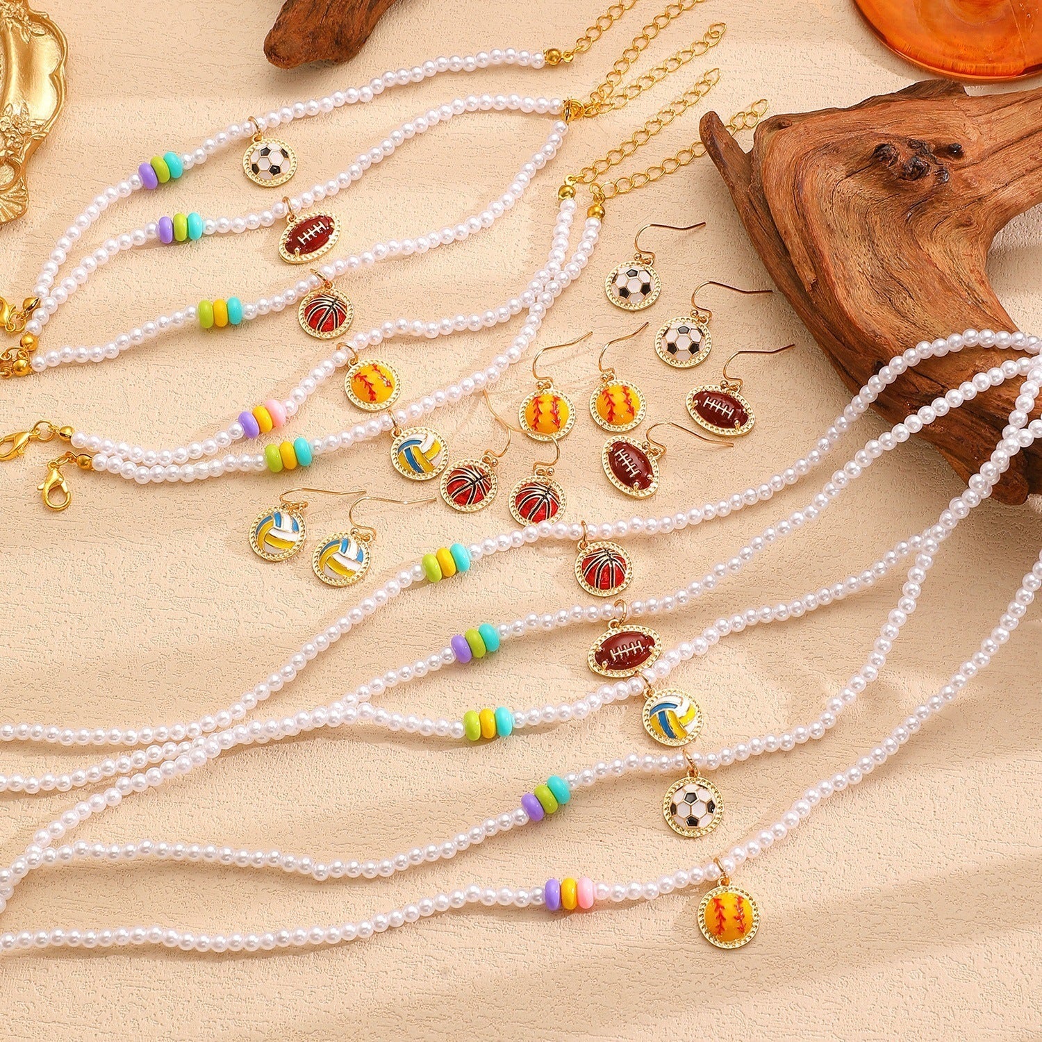 Sporty Soccer Football Rugby Pendant Pearl Beaded Necklace Bracelet Earrings Set