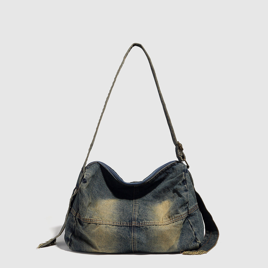 Washed old denim hobo bag, large capacity hobo shoulder bag, sweet cool babes shoulder Retro denim shoulder bag