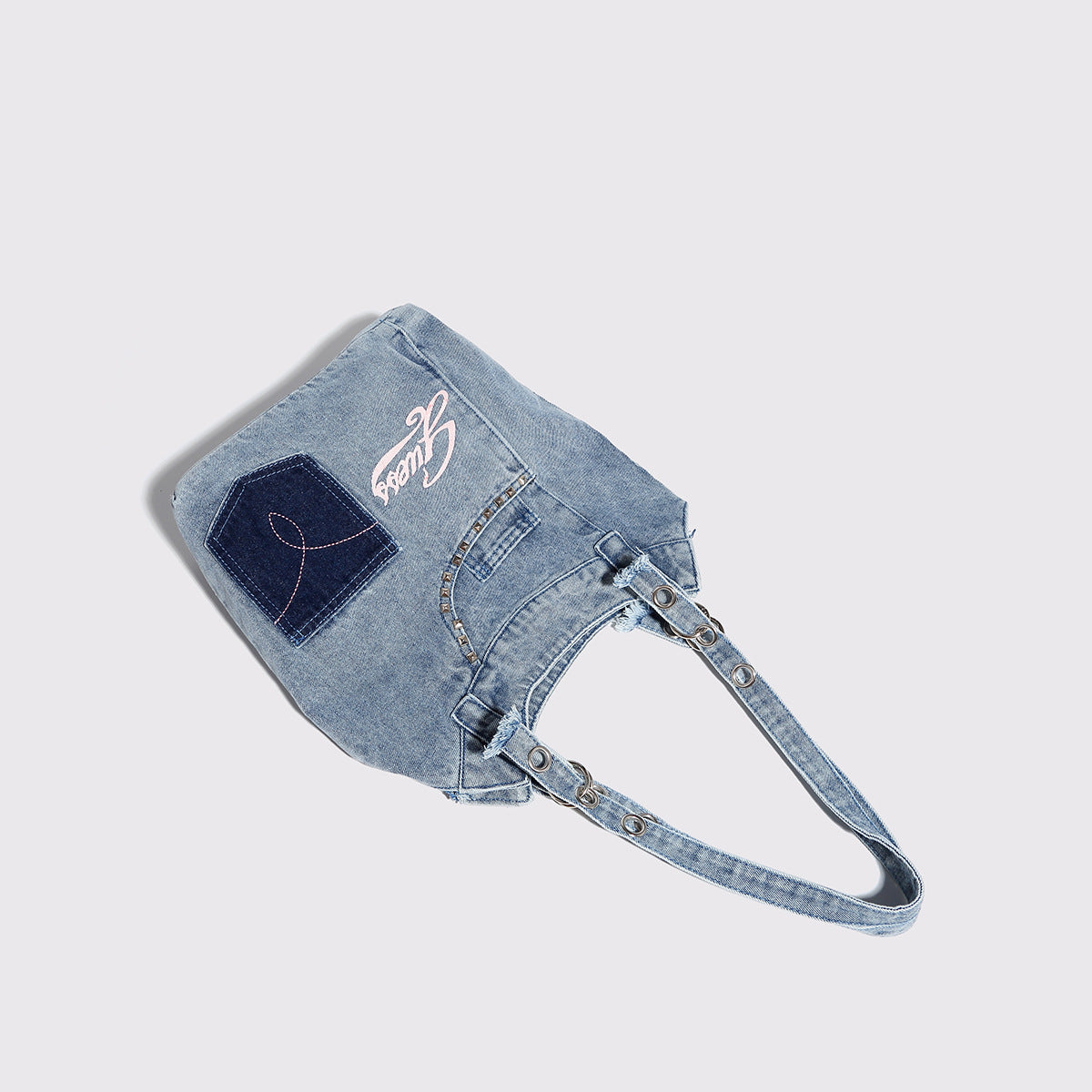Washed denim shoulder bag, Spice girl sweet cool retro hobo bag, fashionable splicing shoulder bag, versatile hobo women's bag