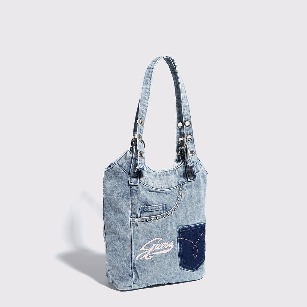 Washed denim shoulder bag, Spice girl sweet cool retro hobo bag, fashionable splicing shoulder bag, versatile hobo women's bag